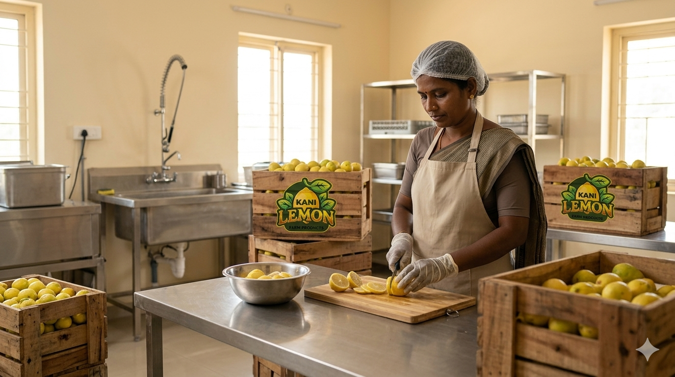 A worker preparing lemons on a stainless-steel table in the Kani Lemon processing unit