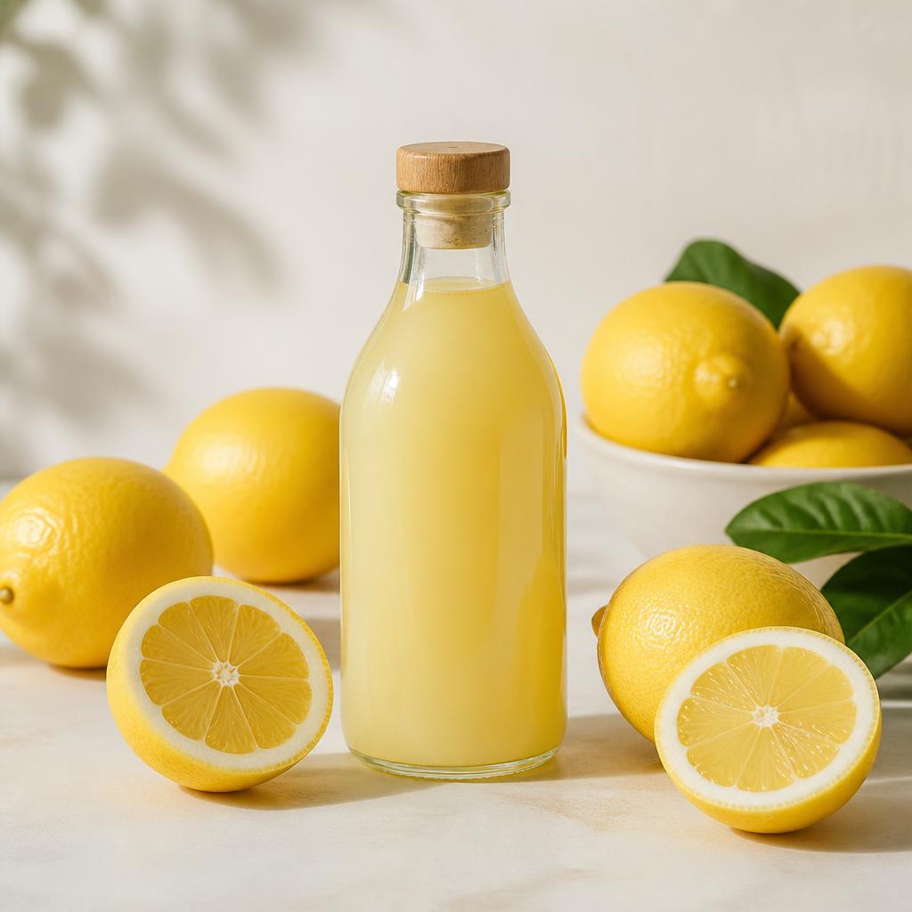 Clear glass bottle of lemon concentrate with fresh yellow lemons