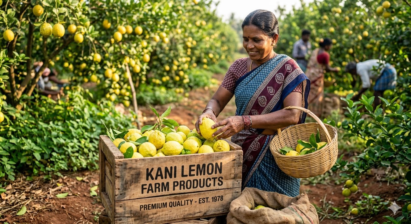 A farmer harvesting ripe lemons into a Kani Lemon Farm Products crate in the orchard