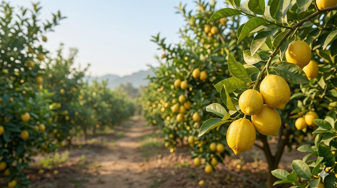 Ripe yellow lemons on healthy trees in a sunlit lemon orchard