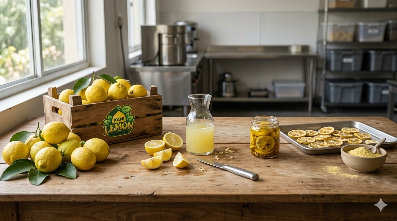 Lemons transformed into extract, preserved lemon, dehydrated slices and lemon powder