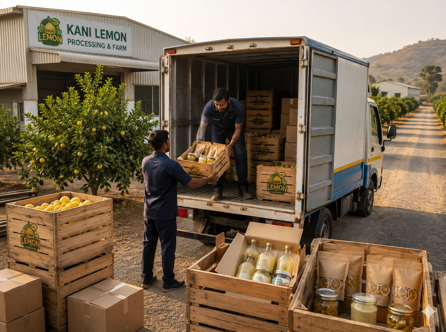 Kani Lemon crates being loaded into a delivery truck at the farm