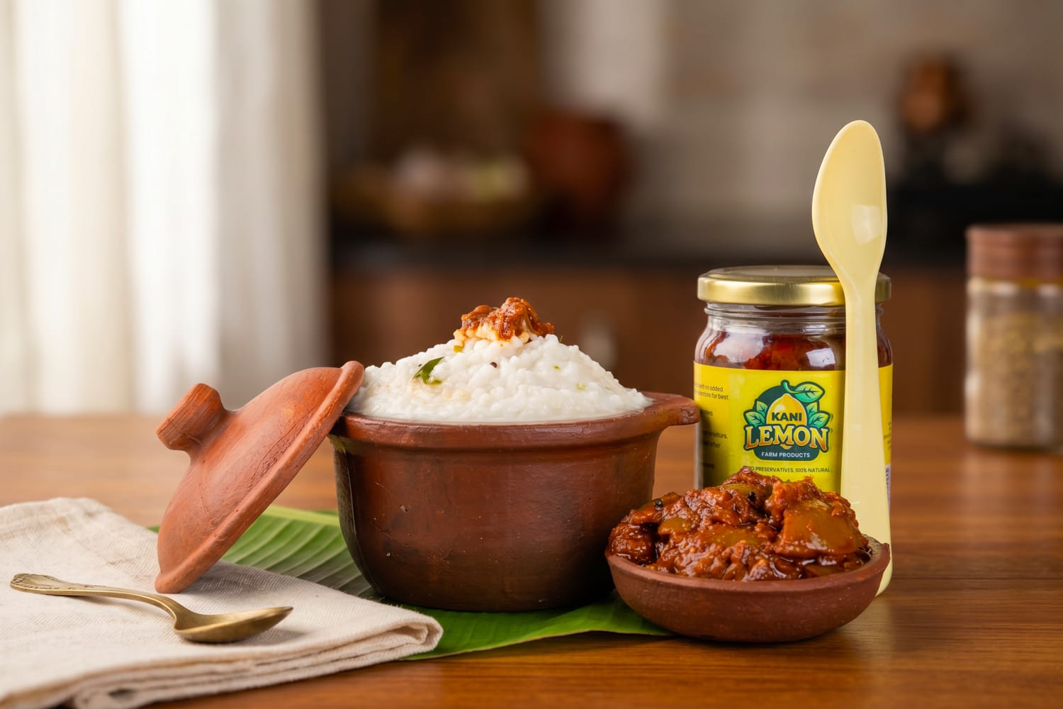 Kani Lemon Pickle jar served with curd rice on a wooden table